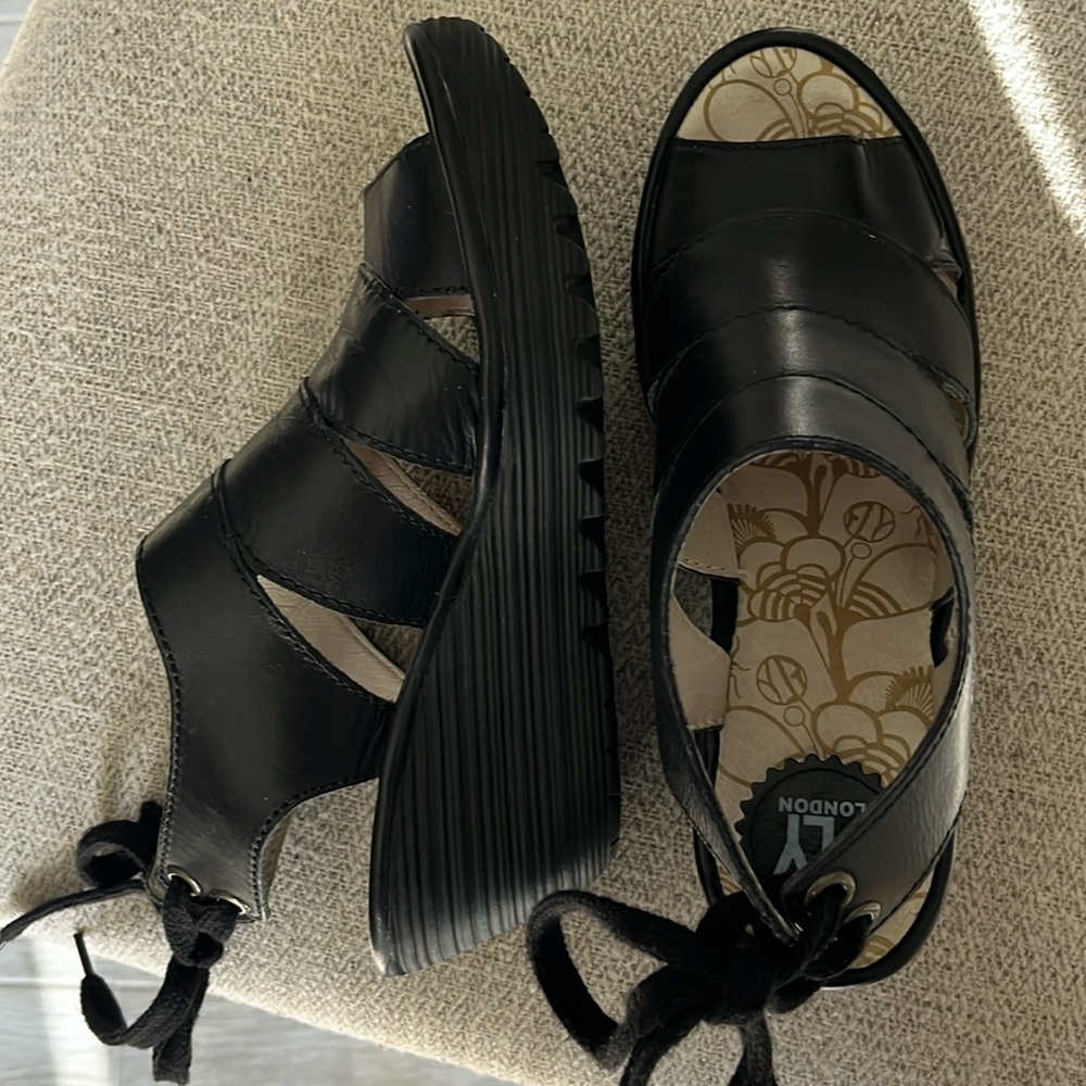 Fly London Yown black leather strap peep toe sandals wedge heel lace tie heel 38